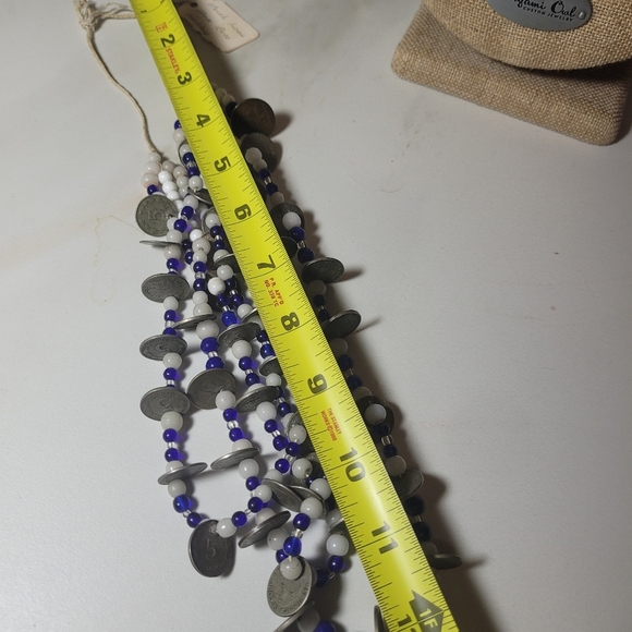 Otavalo 3 Strand Trade Bead Glass & 5 Centavo Coins Necklace Blue & White 24" - Picture 14 of 14